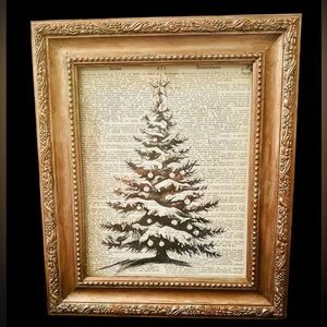 Framed snowy Christmas tree print on book page patina frame holiday winter